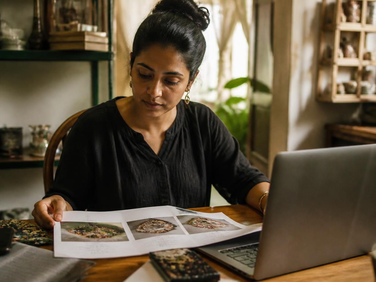 A founder comparing a printed product catalogue against her laptop
