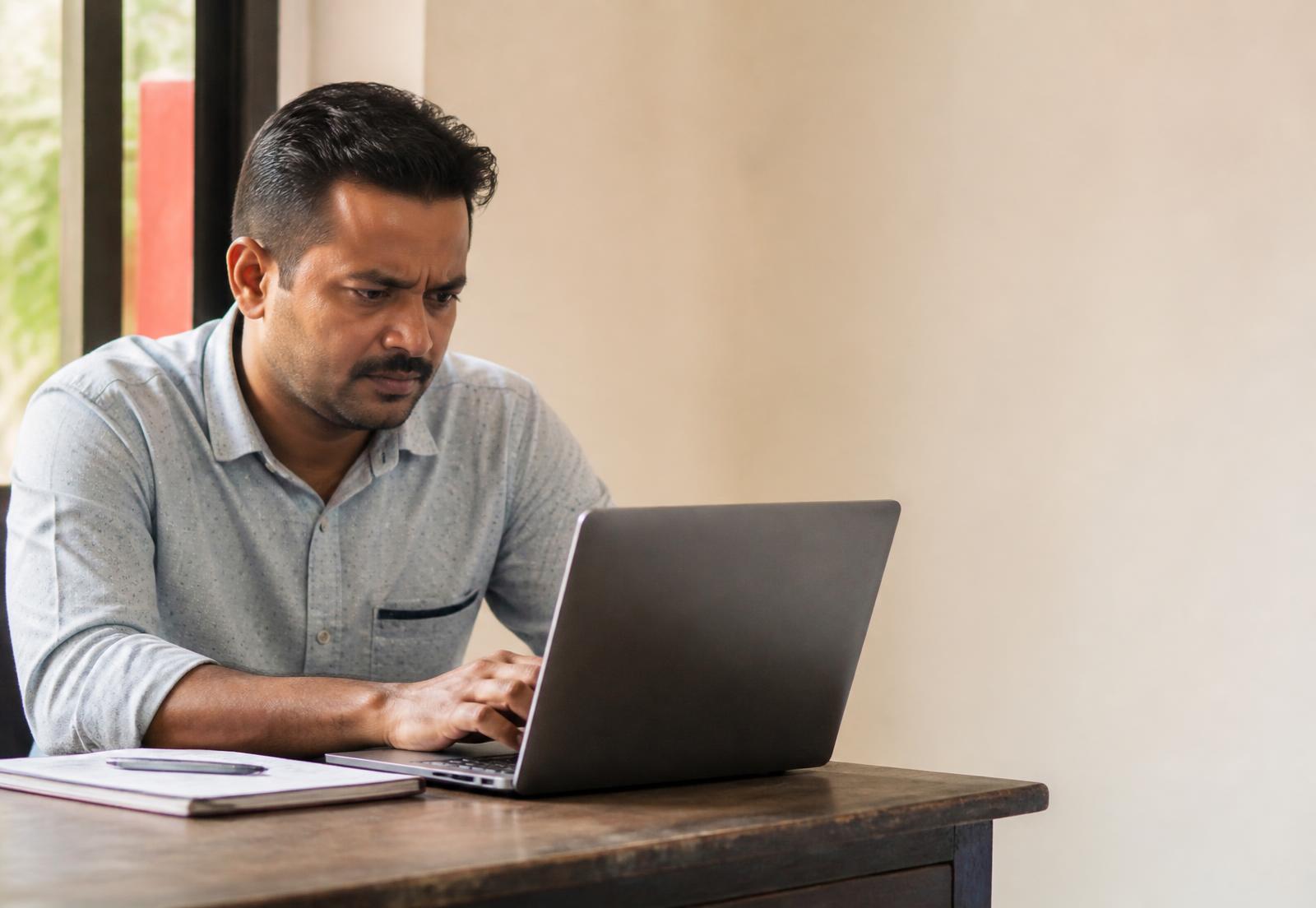 A business owner researching companies on a laptop at his desk