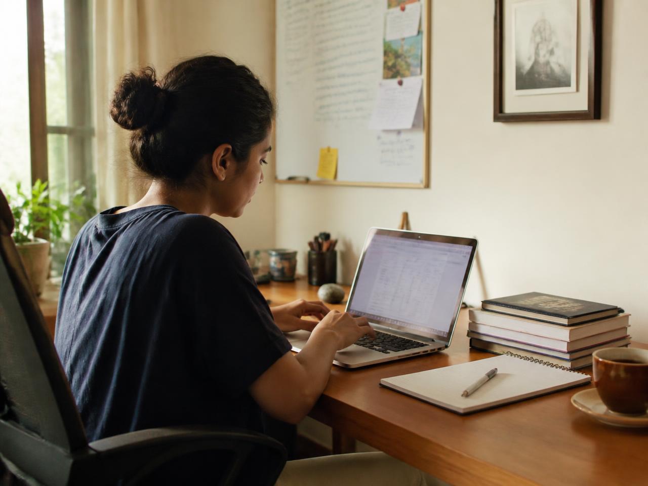 A founder working at a laptop at a desk